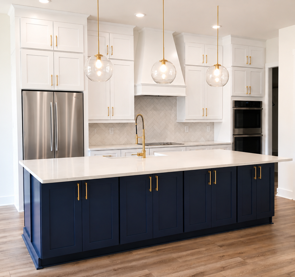 Finished white and navy kitchen with brass accents completed for MarDon Construction