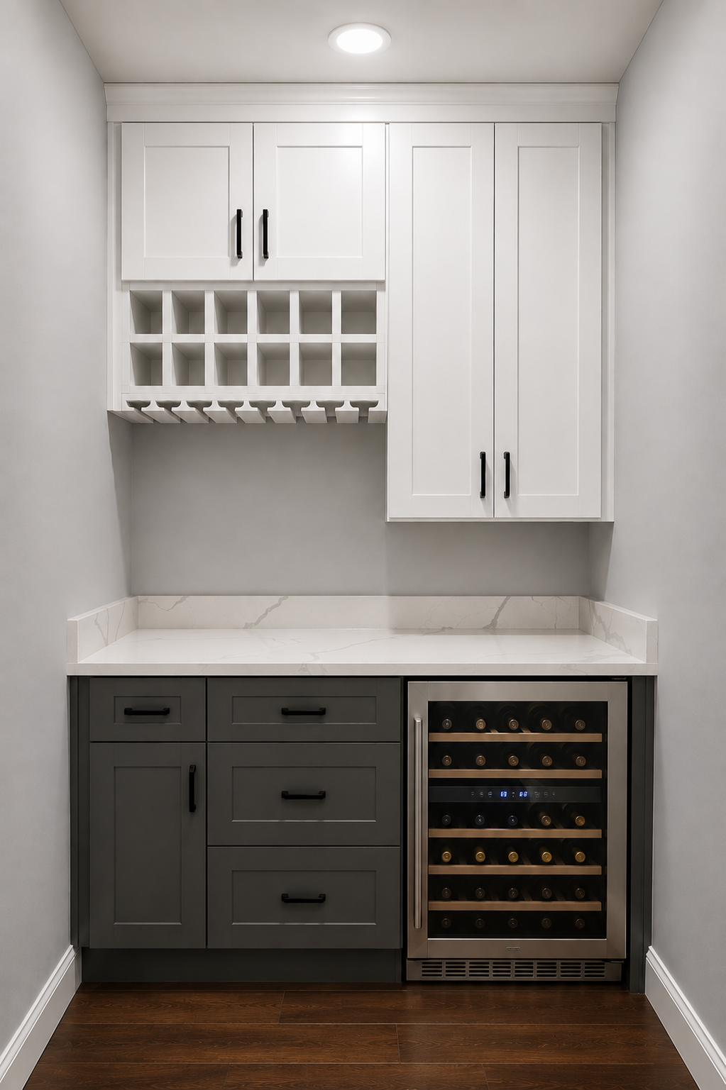 Basement dry bar with white upper cabinets, dark lower cabinets, wine storage, and countertop