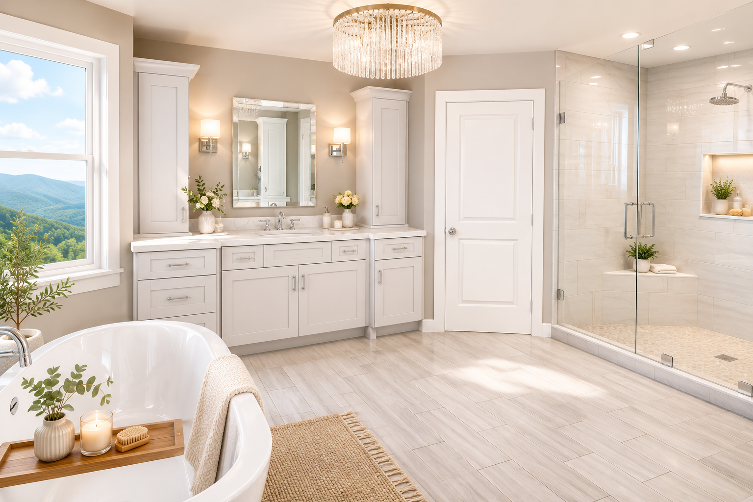 3D rendering of a bright bathroom remodel with a freestanding tub, double vanity, chandelier, and walk-in shower