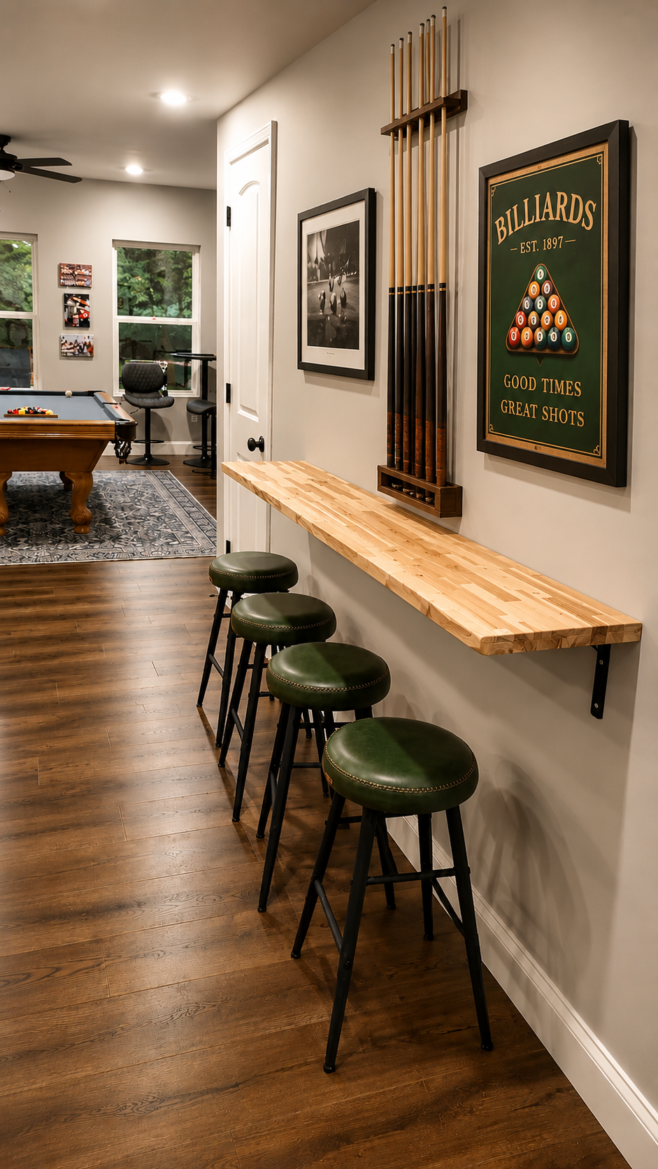 Billiards room with wall-mounted cue rack, bar seating, and warm wood flooring