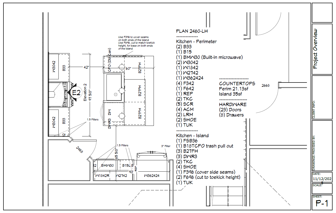 Full cabinet floor plan page with project overview, cabinet layout, measurements, counters, hardware, and sheet notes