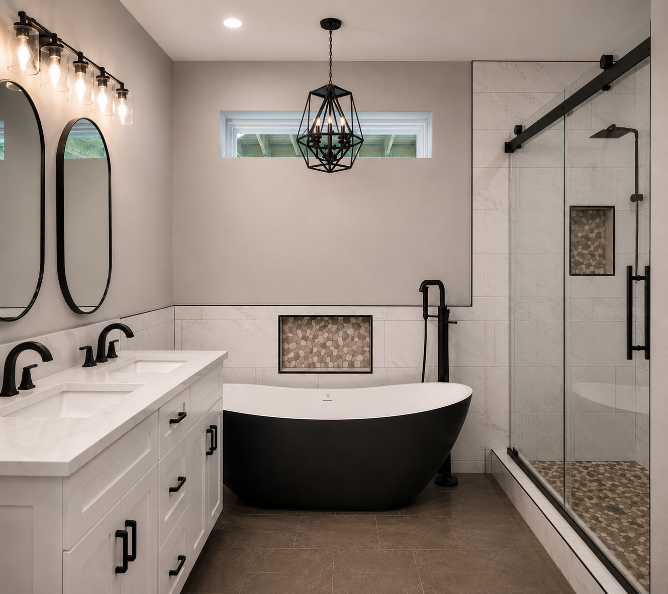 Primary bathroom remodel with a freestanding black tub, custom tile, chandelier lighting, vanity, and walk-in shower