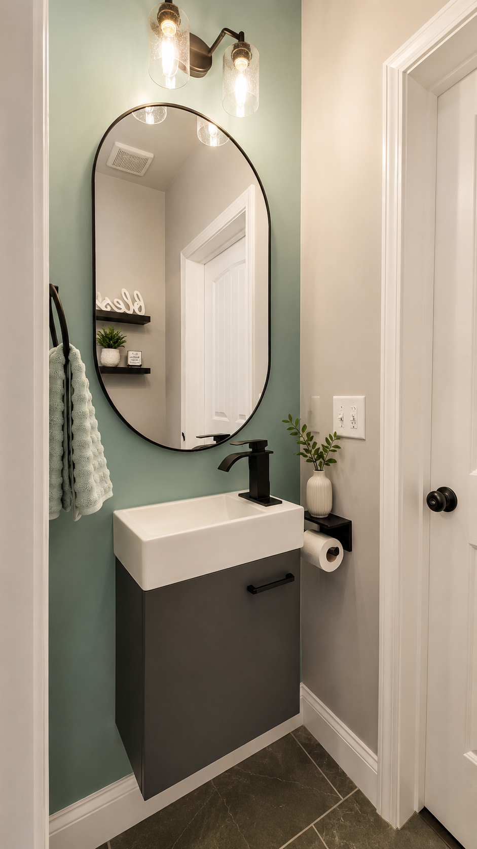 Small powder room remodel with a green accent wall, arched mirror, and modern black fixtures