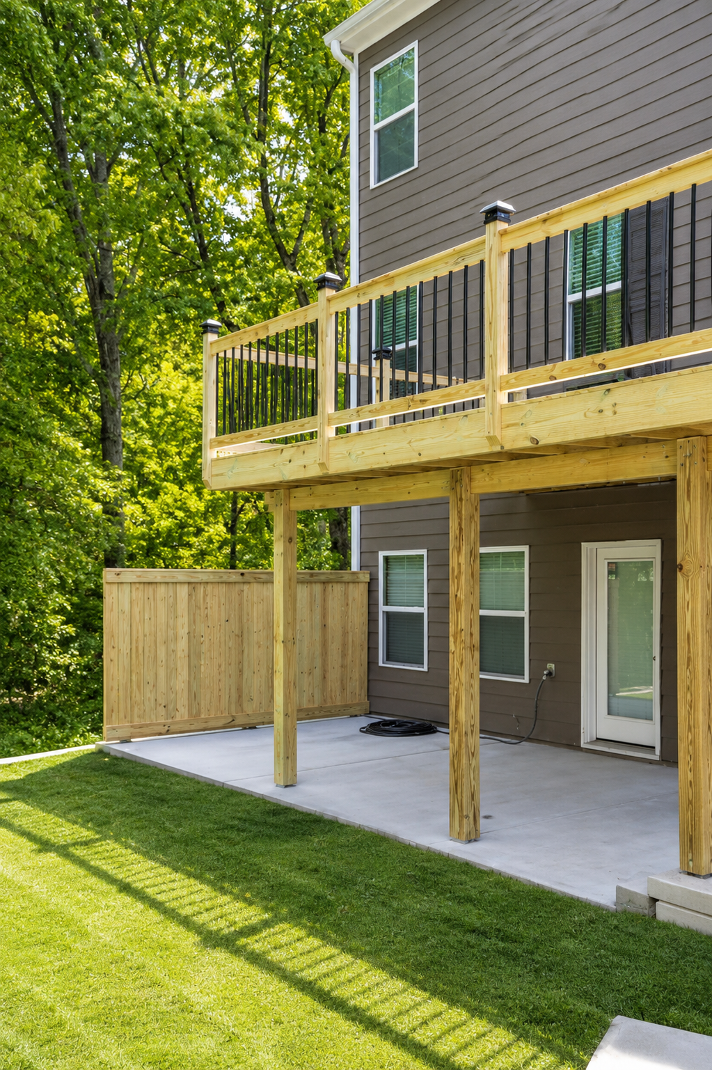 Actual construction of a new elevated wood deck with black balusters